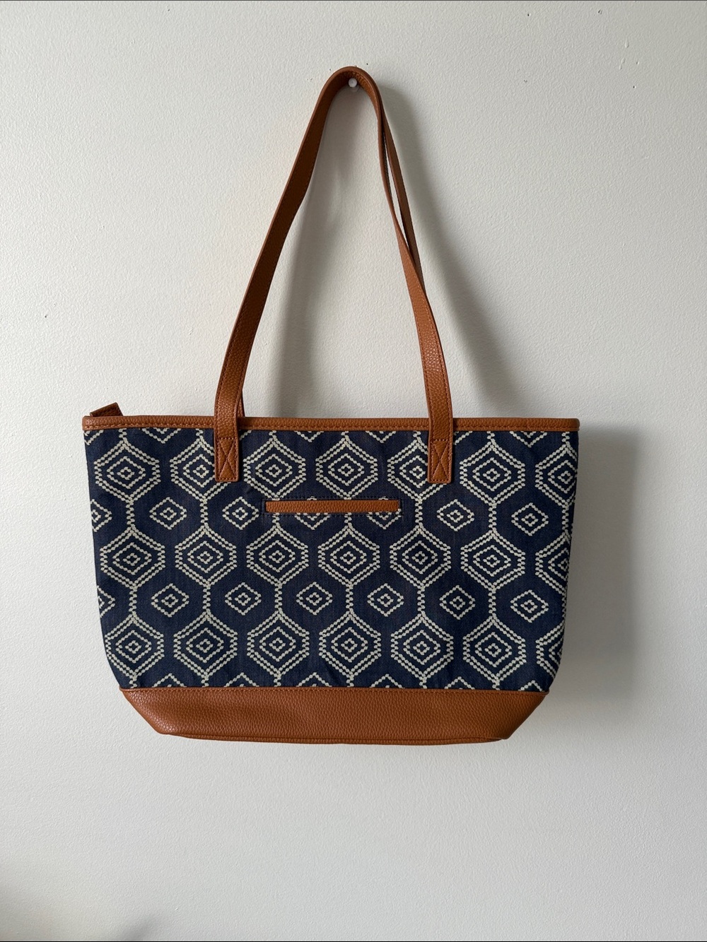 thirty-one Navy Geo Tote with Tan Trim